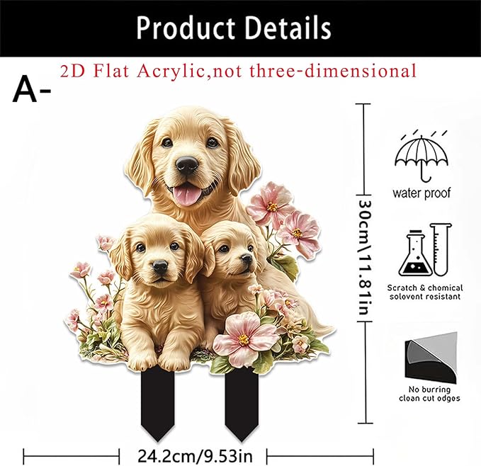 Garden Stake Decor, Acrylic 2D Flat Animal Statue, Fairy Sculptures Ornament Indoor Outdoor Yard Lawn Pot Plant Decorative Accessories (Three-Dogs)
