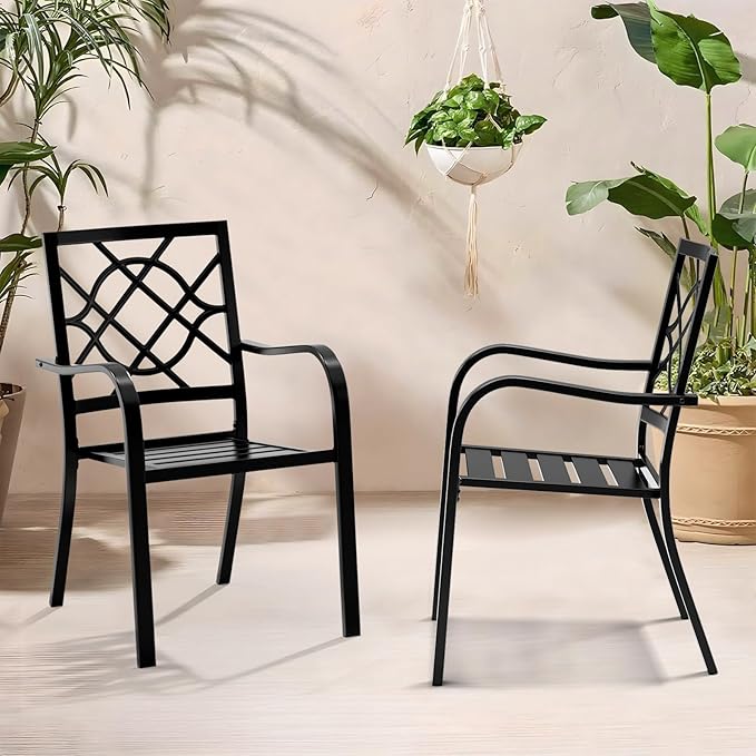 Crownland Patio Wrought Iron Dining Chairs Set of 2, Outdoor Bistro Stackable Metal Chairs with Armrests for Garden, Poolside, Backyard (Black)