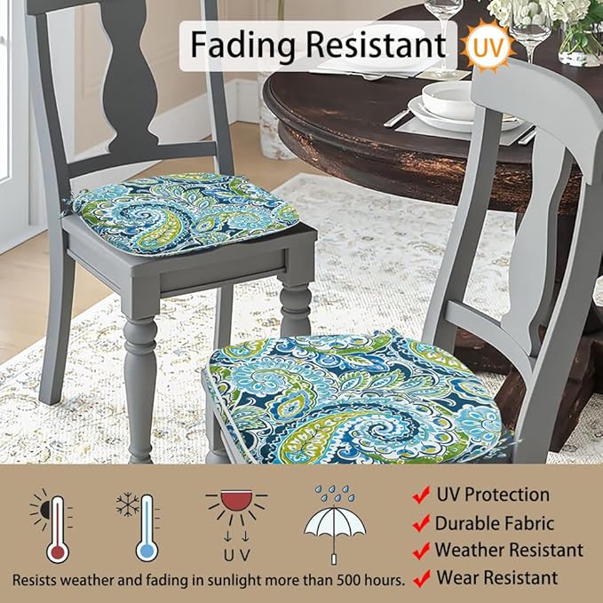 Magpie Fabrics Outdoor/Indoor 17"x16"x2" Chair Cushions with Ties Set of 2, Waterproof All Weather U-Shape Seat Pads Decoration for Patio Garden Furniture Home Office (Paisley Lapis Green)