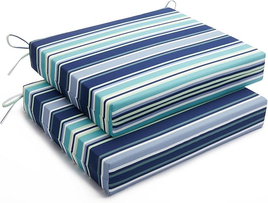 Basic Beyond Outdoor Chair Cushions Set of 2, Square Corner Outdoor Cushions for Patio Furniture, Water Resistant Patio Chair Cushions with 2 Ties, 18.5x16x3, Pinstriped Blue