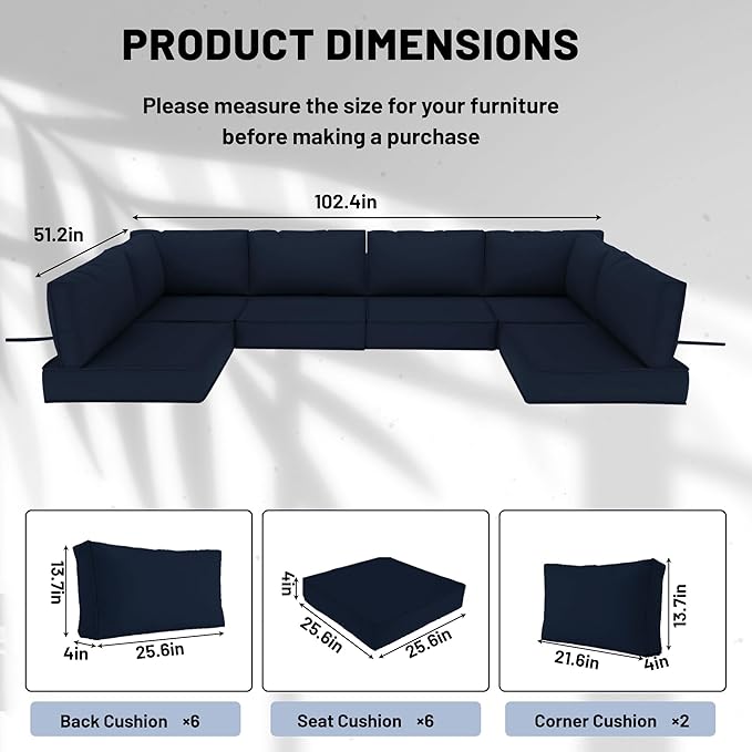 14 Piece Outdoor Sectional Cushions, Water-Resistant Outdoor Sofa Cushions Replacement, 4" High Density Foam Patio Furniture Cushions Fits 6-seat Rattan Conversation Set (Navy Blue)