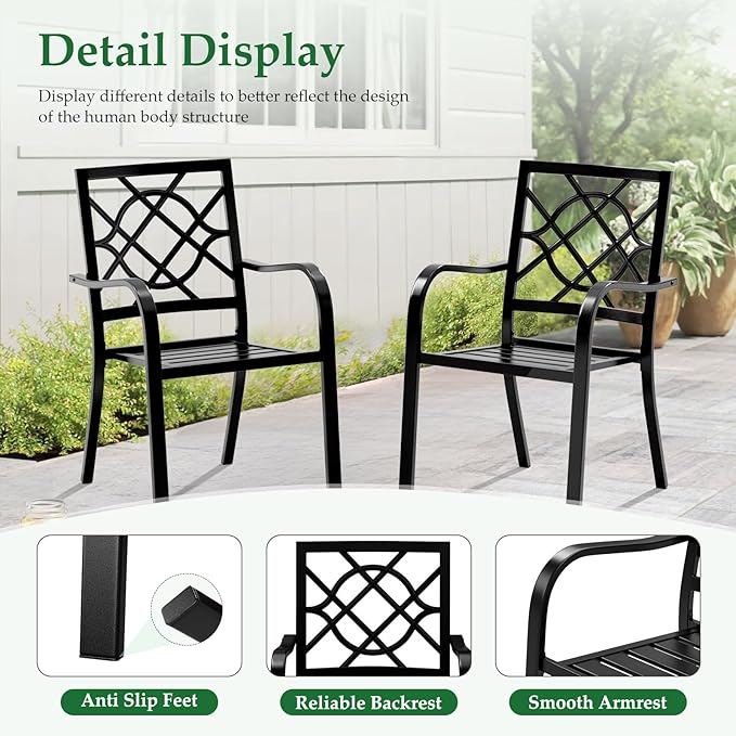 Crownland Patio Wrought Iron Dining Chairs Set of 2, Outdoor Bistro Stackable Metal Chairs with Armrests for Garden, Poolside, Backyard (Black)