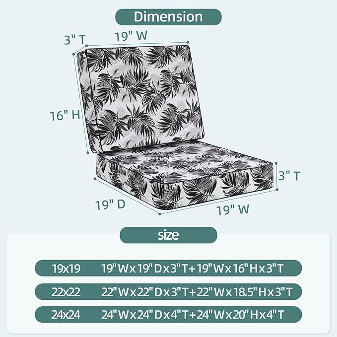 Favoyard Deep Seat Patio Cushion 19 x 19 x 3 in Waterproof Seat & Back Cushion Set with Color Fade Resisitant Pattern, Portable Handle, Attach Straps, Zipper on Removable Cover for Outdoor Furniture
