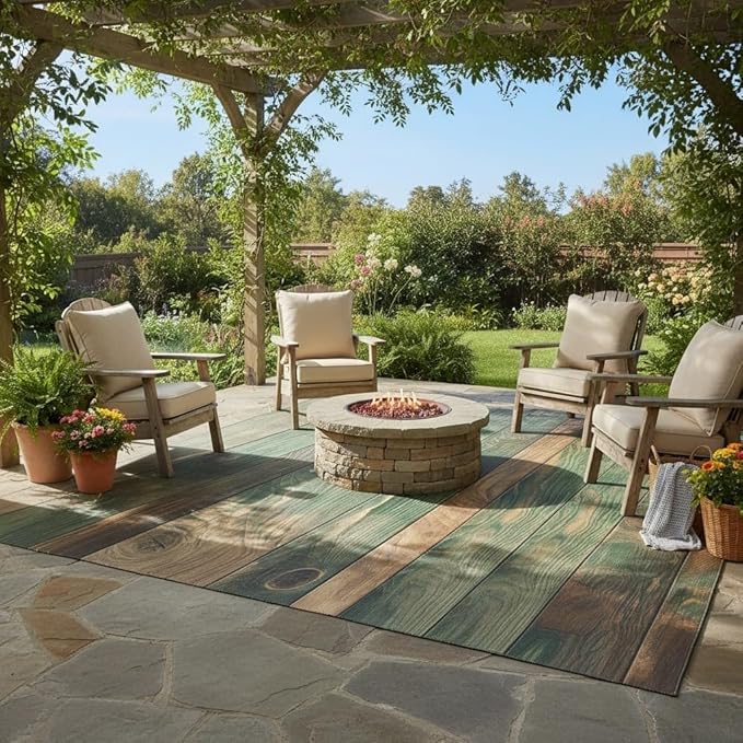 Green Brown Old Wooden Board Print Outdoor Area Rug for Patio Deck Balcony Backyard Porch Garden Durable Farmhouse Rugs 6x8 Natural Wood Grain Outdoor Carpet Anti Slip Waterproof Picnic Camping Mat