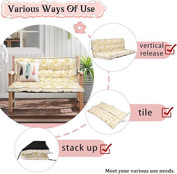 2-3 Seat Swing Replacement Cushion, Outdoor Bench Cushions with Backrest Thicken 4", Patio Furniture Garden Porch Loveseat Glider Pad Anti-Fading Waterproof (Yellow Leaf, 40x63in-thicken)