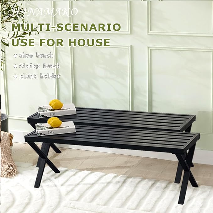 Outdoor Metal Backless Bench Set of 2, Weatherproof Patio Bench with Slatted Seat, X-Shaped Legs, All-Weather Garden Bench for Porch, Patio, Lawn and Backyard, Black