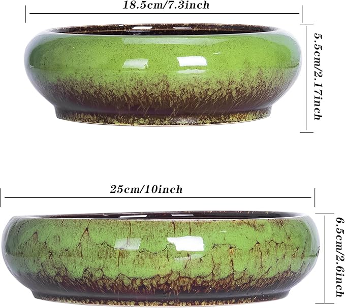 Succulent Planters, Large Succulent Pots with Drainage Bamboo Trays Colorful Bonsai Pots with Stand Ceramic Flower Pot Set of 2, Round Cactus Pot for Indoor Plants (7.3 and 10'')