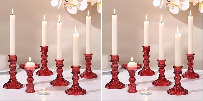 DARJEN Red Glass Candlestick Holders Set of 6, 4" H & 5" H Taper Candle Holders for Candlesticks & Pillar Candles, Diamond Candle Holders for Wedding Party Table Centerpiece, Home Decor (Pack of 2)