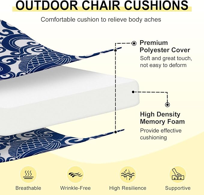 downluxe Outdoor Chair Cushions Set of 6 for Patio Furniture, Water-Resistant Square Corner Patio Chair Cushions with Ties, High Density Foam Outdoor Seat Cushion, 18.5" X 16" X 3", Blue Carp