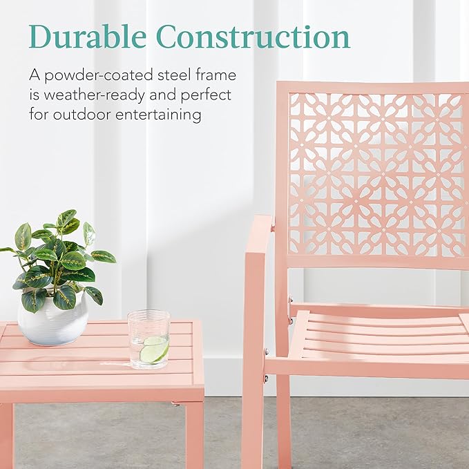Best Choice Products 3-Piece Outdoor Bistro Set, Stackable Modern Steel Furniture for Porch, Garden w/ 2 Chairs, Table, Geometric Decor - Peach