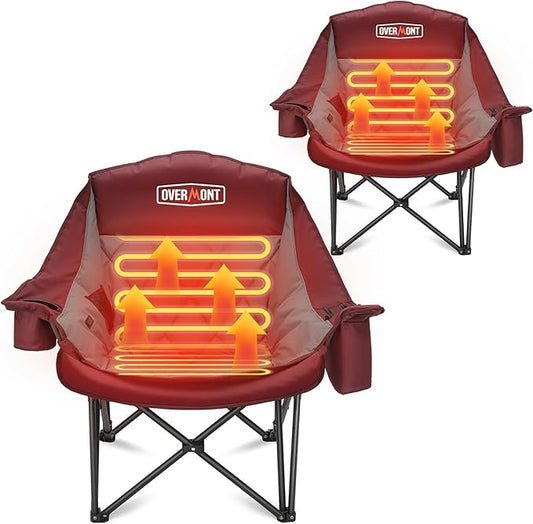 Overmont 2PCS Heated Oversized Camping Chair for Adults - 3 Heat Levels Seat & Back Separately Control - 400lbs Support Heavy Duty Padded Folding Chair Outdoor Garden Portable - Battery NOT Included