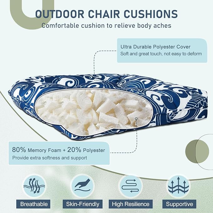 downluxe Outdoor Chair Cushions Set of 2 for Patio Furniture, Waterproof Tufted Overstuffed Patio Furniture Cushions, Thick Outdoor Seat Cushion, 19" X 19" X 5", Blue Carp