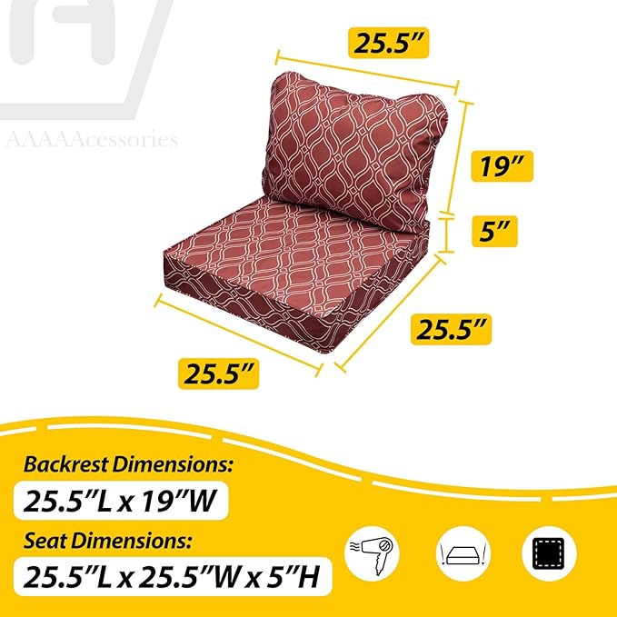 AAAAAcessories Outdoor Seat Cushions for Chairs, Fade-Resistant, Waterproof Patio Furniture Replacement Cushions, 25.5" x 25.5" x 5" + 25.5" x 19", Set of 4, Clay Red Vine Trellis