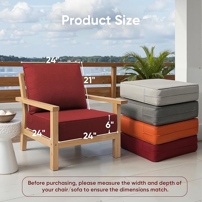 Outdoor Chair Cushions Set of 3, Waterproof 24x24 Patio Chair Cushion, 6" Thickened Seat Cushion for Outdoor Furniture, Couch Cushion Replacement, Include 3 Back & 3 Seat Cushions, Thick/Red