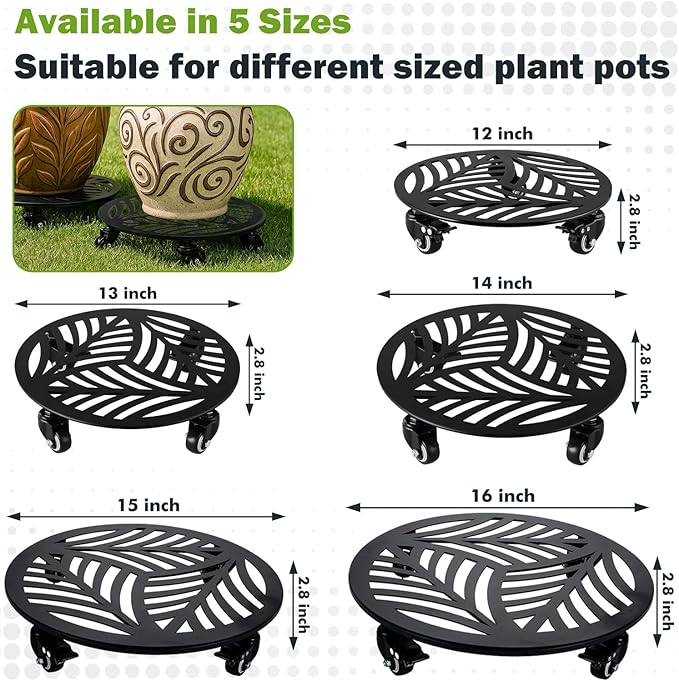 2 Packs Metal Plant Caddy with Wheels 13” Heavy-duty Wrought Iron Rolling Plant Stands with Casters Indoor and Outdoor Plant Pot Roller Base Plant Saucer Movers Black, Strong Load Capacity