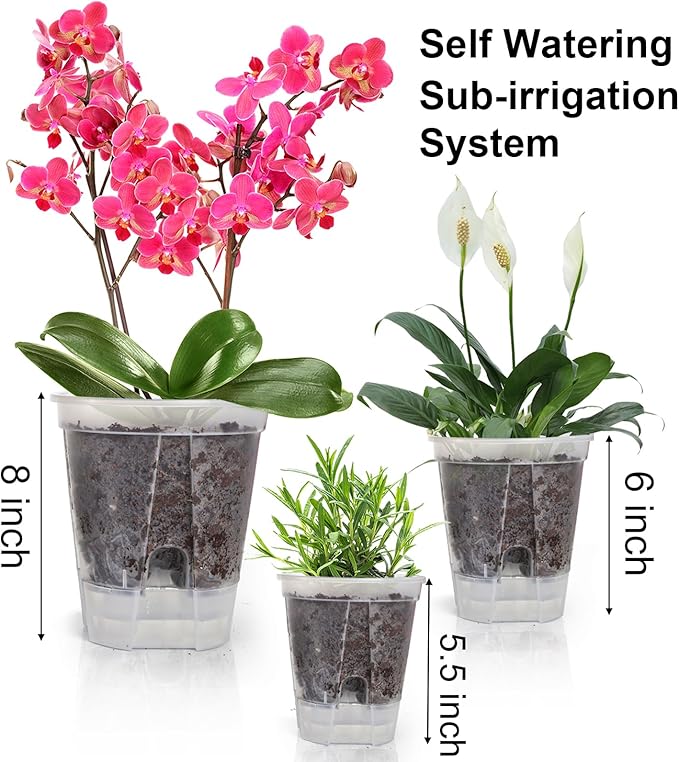 yarlung 6 Pack Self Watering Pots for Indoor Plants with Reservoir Tray and Holes, Clear Plastic Self Watering Planters for Outdoor Plants Flowers, Round 4.75" 6" 7"