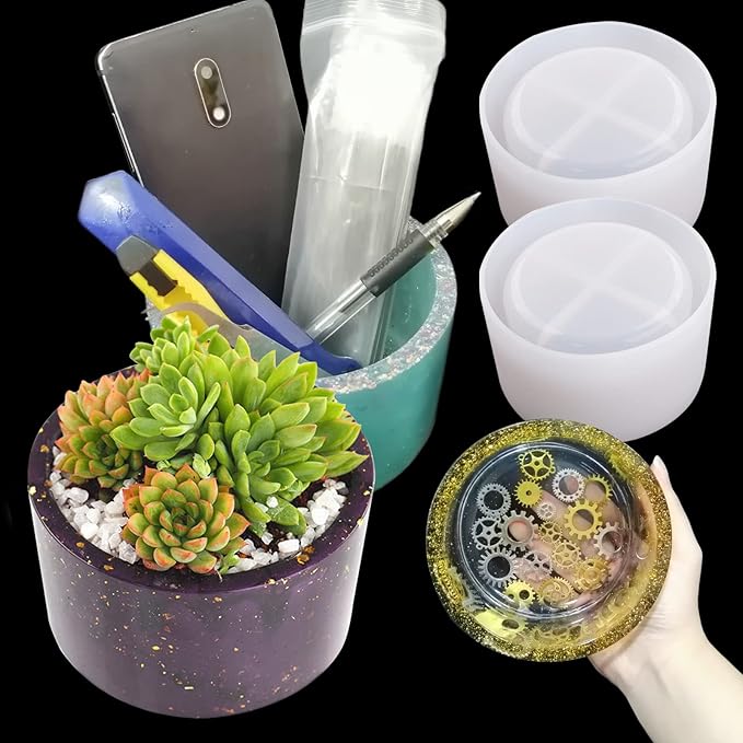 2PCS Large Concrete Plant Mold, 3.93" Internal Diameter Planter Silicone Mould, Cylinder Resin Mold for DIY Crafts Succulent Flower Pots Jewelry Trinkets Candle Holder Organizer