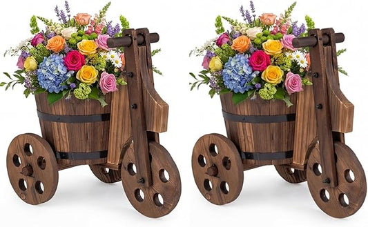 Giantex Wooden Wagon Planter with Wheels, Rustic Wood Plant Stand with 3 Wheels & Drainage Hole for Flowers Herbs Vegetables, Indoor Outdoor Decorative Garden Flower Cart for Patio Backyard (2)