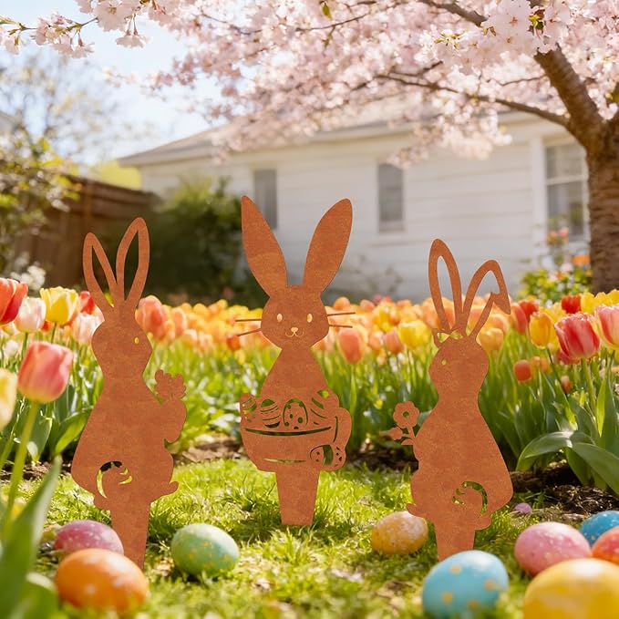 Easter Metal Bunny Garden Stake Outdoor 3 Pack Realistic Rust Rabbit Decorative Metal Garden Statues Stakes Yard Art Ornament Easter Bunny Stake Sign for Flowerbeds Planters Patios Lawn