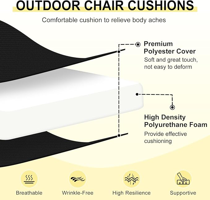 downluxe Outdoor Chair Cushions Set of 2 for Patio Furniture, Water-Resistant Square Corner Patio Chair Cushions with Ties, High Density Foam Outdoor Seat Cushion, 18.5" X 16" X 3", Black