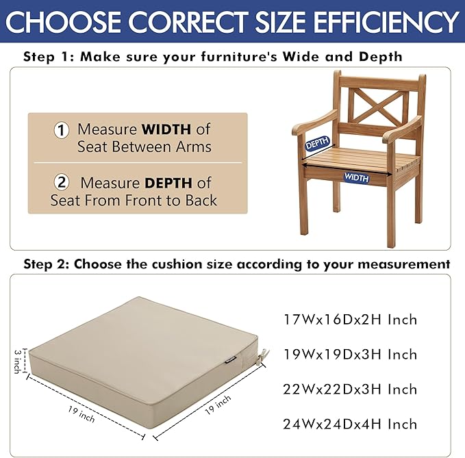 Outdoor Chair Cushions 19 x 19 Inch Water Resistant Patio Chair Cushions with Tie Color Fastness Thick Outdoor Seat Cushion for Garden Lawn Patio Furniture Cream Set of 2