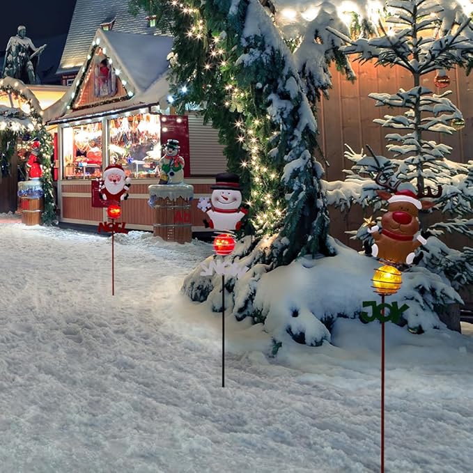 Christmas Solar Garden Lights,3 Pack Santa Claus Snowman Reindeer Solar Stake Lights,Xmas Figurine Lights for Yard Lawn Porch Holiday Decor for Women