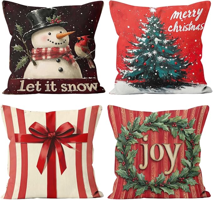 Christmas Vintage Pillow Covers 18x18 inch Set of 4, Snowman Tree Wreath Gift Red Art Cushion Case Outdoor Sofa Throw Pillows Cover Garden Pillow Covers for Couch Living Room Bed Indoors Home Decor
