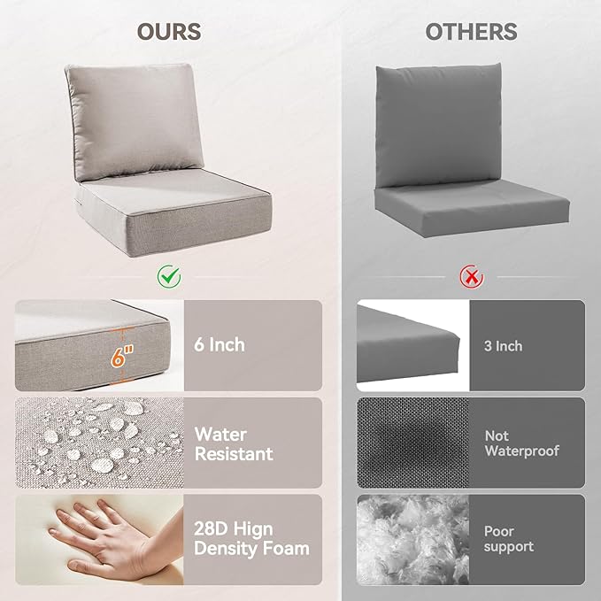 6" Thick Outdoor Cushions 24x24x6, 2-Set Deep Seat Patio Cushions with Removable Cover, Waterproof & Fade Resistant Replacement for Wicker Chair, Loveseat, Sofa - Beige