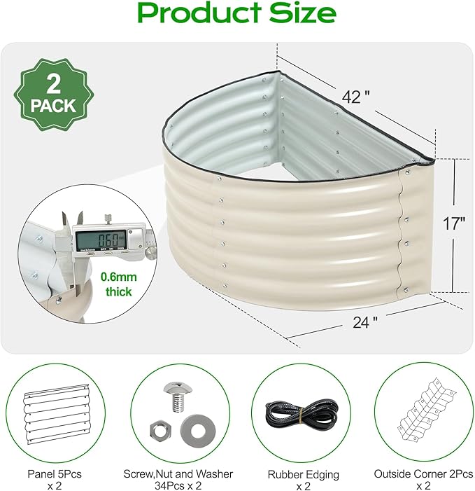 Aoodor 42" L x 24" W x 17" H Half Moon Galvanized Raised Garden Bed, Durable Semi-Circular Outdoor Planter Boxes for Vegetables, Flowers, and Herbs, Set of 2, Beige