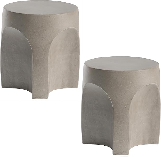 SUNBURY Outdoor Side Tables for Patio Set of 2, Concrete Accent End Table, Indoor Small Round Patio End Table, Garden Stools for Yard, Arch Shape Cement Color
