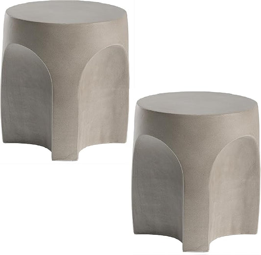 SUNBURY Outdoor Side Tables for Patio Set of 2, Concrete Accent End Table, Indoor Small Round Patio End Table, Garden Stools for Yard, Arch Shape Cement Color