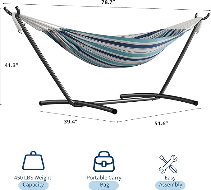 GarveeLife Double 2 Person Hammock, Indoor Outdoor Standing Hammock with Space Saving Steel Stand, Carry Bag, 450 LBS Weight Capacity, Suitable for Garden Camping Beach, Ocean
