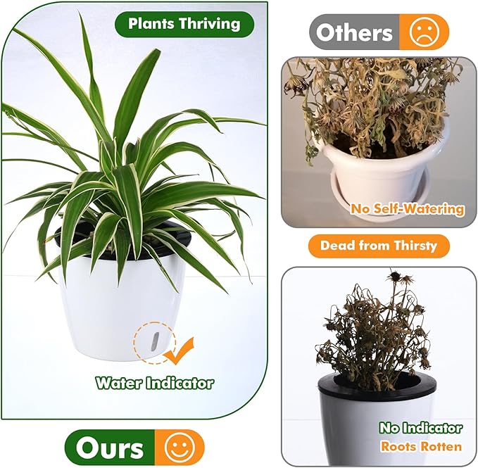 Planterhoma 5/6.7 Inch Self Watering Pots for Indoor Plants, 8 Packs African Violet Pots with Indicator, Black Wick Pot with Drainage Holes, Self Watering Planters for Orchid, Devil's Ivy, White