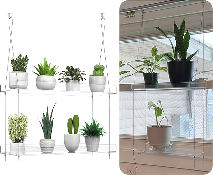 2-Pack Hanging Clear Plant Shelves for Windows, Acrylic Window Wall Plant Stand Shelf for Kitchen Indoor Gardens, Flower, Herb, Seedling Organization, and Pots Display, 16 Inch per Tier
