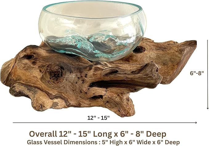 OMA Hand Blown Molten Glass Bowl on Driftwood – Unique Vase, Planter, Terrarium or Candle Holder – Eco-Friendly Recycled Glass & Natural Wood Centerpiece and Artisan Gift - Large Size