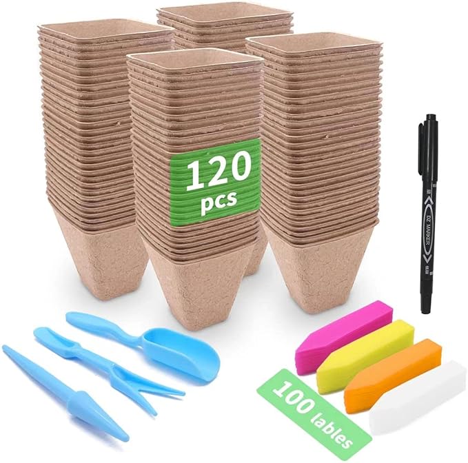 3T GROUP 120 Pack 3.15 Inch Square Small Plant Pots,Disposable Flower Pots,Mini Compostable Pot for Plant,Biodegradable Planting Pot Cups with 100 Labels,Tool,Pen