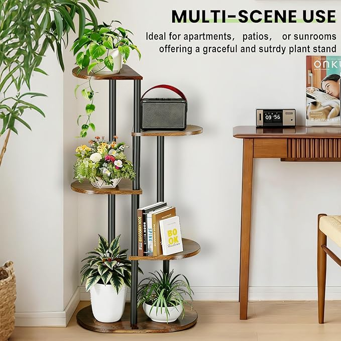 Tiered Plant Stand Indoor, Tall 5 Tier 6 Potted Wooden Plant Shelf for Multiple Plants, Multi Plant Holder Indoor for Patio Garden Patent Design Living Room Bedroom, Rustic Brown