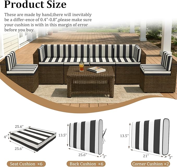 14 Pcs Outdoor Replacement Cushions for Patio Furniture, All Weather Water Resistant Cushion for 6 Seat Rattan Wicker Sectional Patio Conversation Sets and Couch (Blackstripe)
