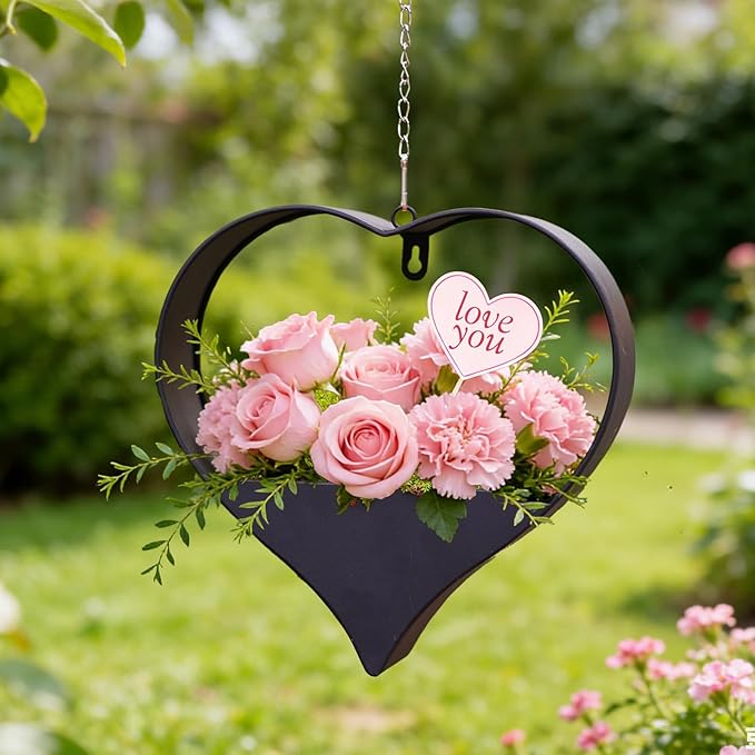 Metal Plant Hangers Indoor and Outdoor: Valentines Day Gifts for Her Wife Women Mom Garden Lovers Birthday - Heart Shape Hanging Planters for Window Wall Living Room Office Decor(Black)