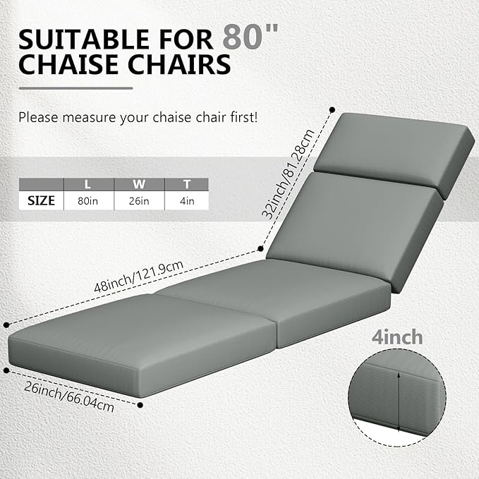 4 Pcs Chaise Lounge Cushions Outdoor, 80 x 26 x 4 Inch Lounge Chair Cushions for Outdoor Furniture - Waterproof Lounge Patio Replacement Cushion, 4In Fade-Resistant ThickPatio Chaise Lounge Cushion