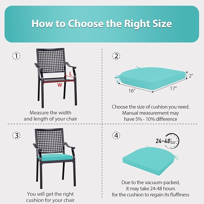 Outdoor Chair Cushions Set of 4, 17 x 16 Inch Patio Chair Cushions for Outdoor Furniture, Water Resistant, Non-Slip Ties(Teal)