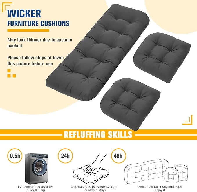 Patio Furniture Cushions Outdoor, Waterproof Wicker Chair Cushions Set of 3, 1 Loveseat & 2 Seat Pads, Thick Outdoor Replacement Cushions for Porch Lawn Bench Couch Sofa Swing, Dark Grey