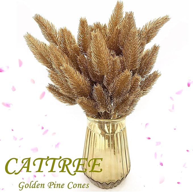 CATTREE Artificial Gold Leaves Plants Plastic Fake Grass Faux Shrubs Simulation Bushes Home Indoor Outdoor Garden Leaf Wedding Festival Decoration Hall Table Planter Filler – Golden Pinecone 2 Pack