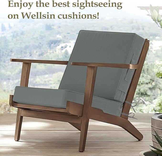 Wellsin Outdoor Cushions for Patio Furniture, Waterproof Outdoor Seat Cushions with Ties and Handle, 22X22 Outdoor Cushions, Outdoor Deep Seat Cushions with Removable Cover, Dark Gray