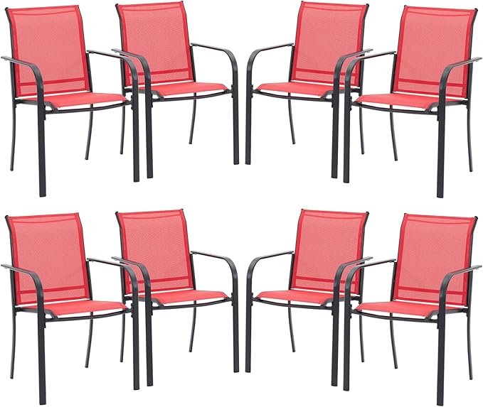 VICLLAX Patio Stackable Dining Chairs Set for 8, Outdoor Sling Chairs with Metal Frame for Front Porch Balcony Backyard Garden and Deck, Red