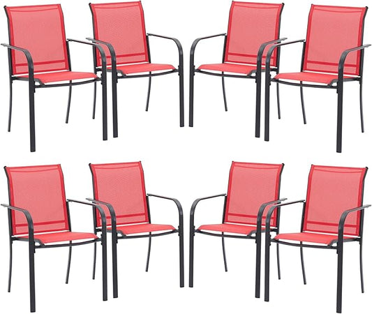 VICLLAX Patio Stackable Dining Chairs Set for 8, Outdoor Sling Chairs with Metal Frame for Front Porch Balcony Backyard Garden and Deck, Red