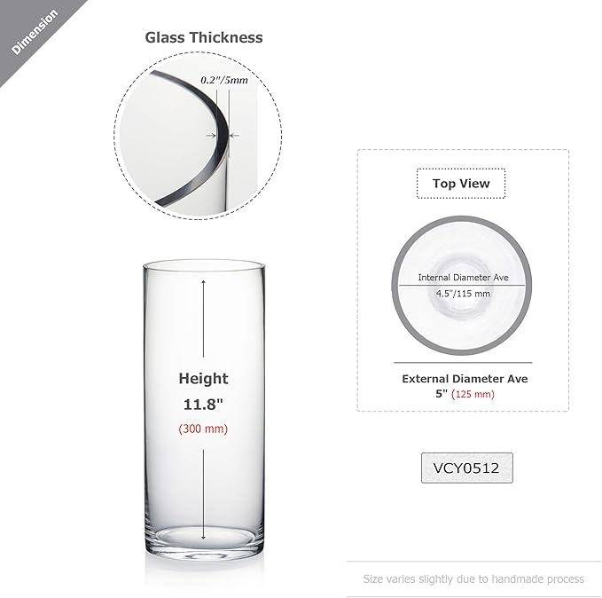 WGV Cylinder Vase Bulk, Diameter 5", Height 12", Clear Glass Floral Planter Container, Tall Centerpiece Arrangement for Wedding Party Event Home Office Decor, 6 Pieces