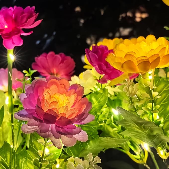 Solar Flowers Lights, 2 Pack Solar-Powered Outdoor Light with 14 Blooming Flowers, Waterproof Lights for Outside Yard, Garden, Pathway, Walkway, Patio, Lawn, Cemetery, Grave Decor