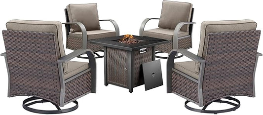 HUMMUH Outdoor Furniture with Fire Pit -Patio Table and Chairs Set of 4 Swivel Patio Chairs for Deck Porch Garden Poolside Backyard-Brown/Grey