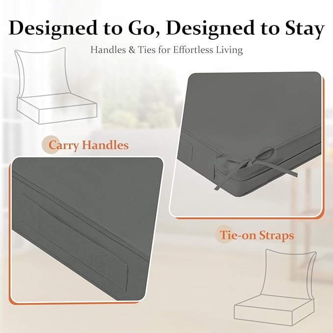 downluxe 22x22 Outdoor Chair Cushions, Waterproof Fade Resistant Patio Furniture Cushions with Handle & Removable Cover, Deep Seat Outdoor Cushions for Sofa, Couch and Patio Chairs, Dark Grey